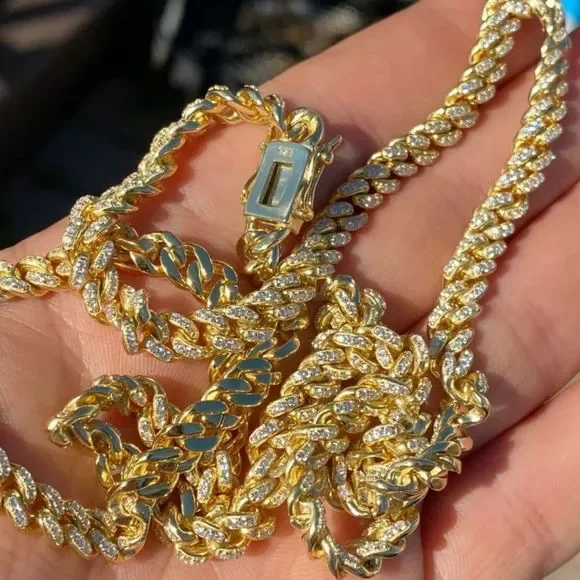 New Iced Out Miami Cuban Chain Solid 925 Gold 22” - Picture 8 of 8